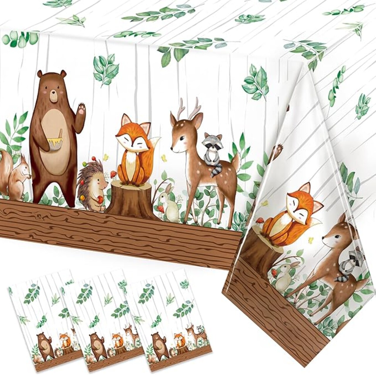 Woodland Animals Plastic Tablecloth Forest Wild Creatures Baby Shower Table Covers for Boy Girl Birthday Table Decoration Neutral Gender Reveal Decor Friendship Themed Party Supply 54" x 108"